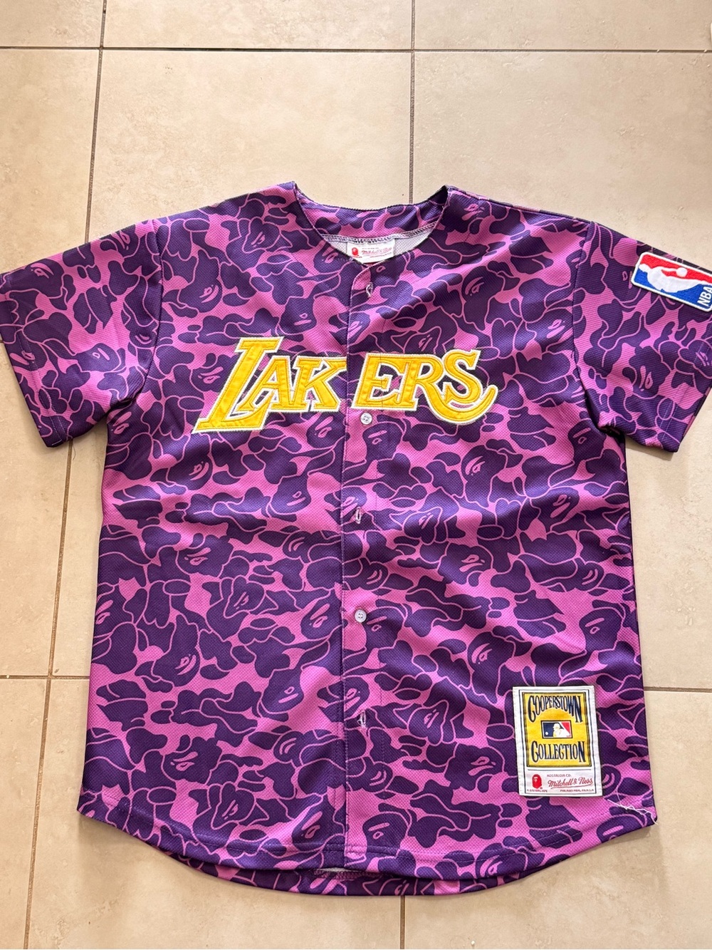 Mitchell & Ness Los Angeles Lakers Purple Camo Jersey with Yellow “BAPE” Script